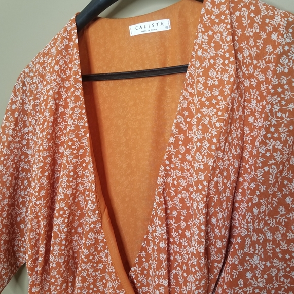 orange ditsy floral flutter sleeve chiffon v-neck Cottagecore Wrap Dress - Picture 7 of 7